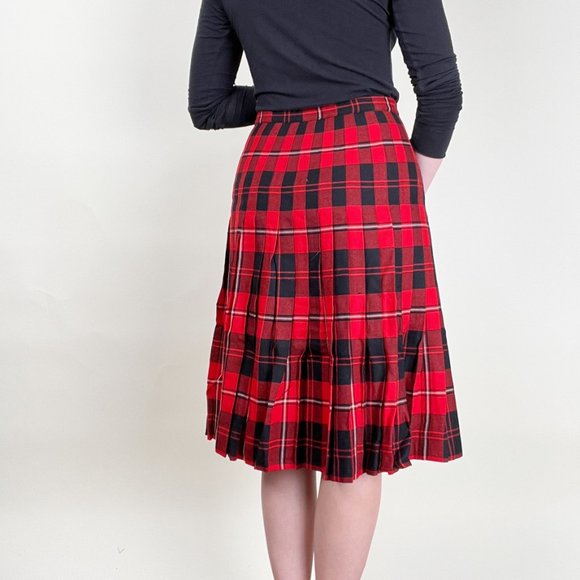 Vintage Plaid 100% Wool High Rise Midi Skirt Pleated Preppy Academia Tartan Kilt - Picture 2 of 9